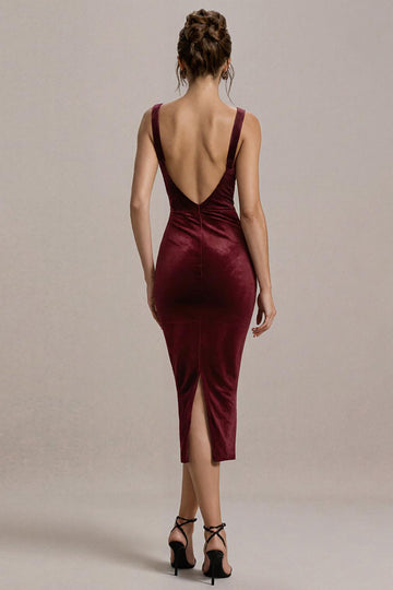 Robe formelle mi-longue moulante en velours bordeaux